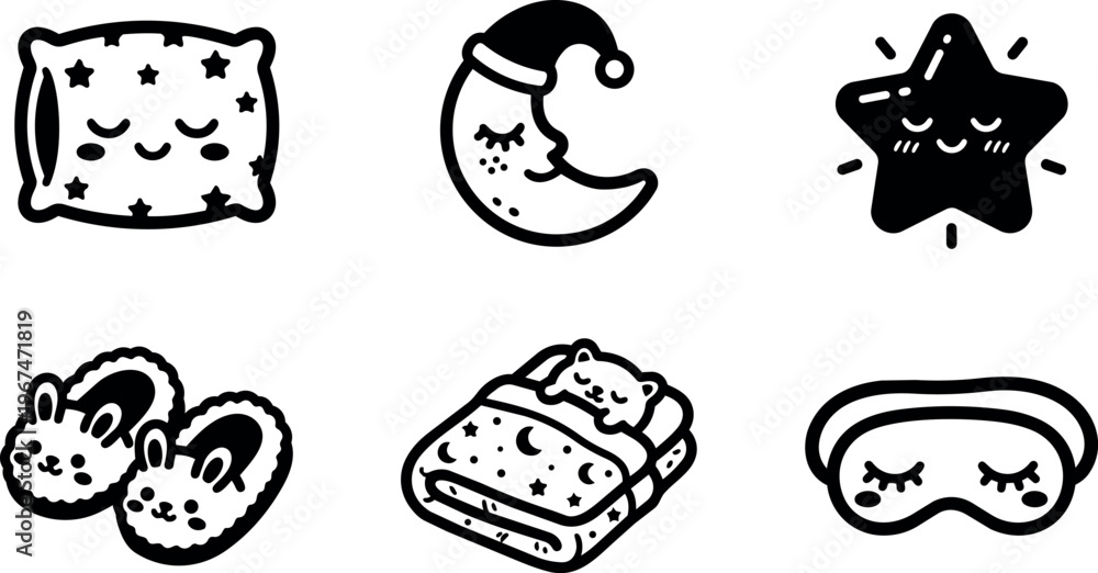 Fototapeta premium Cute sleep themed icons with moon star pillow bunny slippers and sleeping mask
