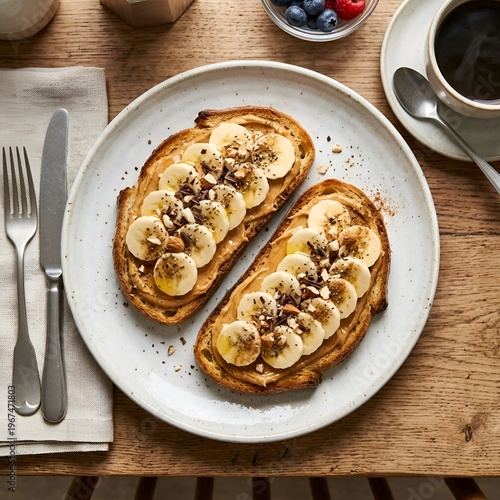 Delicious Banana and Peanut Butter Toast with Chocolate Shavings and Nuts on a Wooden Table with Coffee and Fresh Berries
