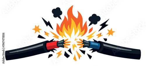 Exposed electrical wires short-circuiting, causing fire, sparks, and smoke. Representing danger, risk, hazard, and urgency