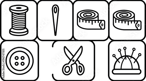 Black and white line art sewing icons with thread needle scissors and measuring tape