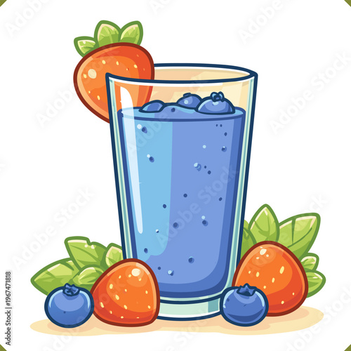 Vector illustration of blueberry smoothie in tall glass with fresh berries, isolated on a white background