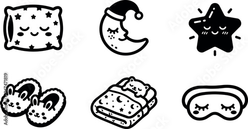 Cute sleep themed icons with moon star pillow bunny slippers and sleeping mask