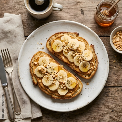 Delicious Peanut Butter Banana Toast with Chia Seeds and Nuts on White Plate Served with Coffee and Honey on Wooden Table