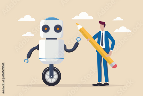 Human and robot collaborate with a large pencil representing creativity
