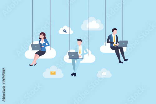 People working remotely on clouds symbolizing cloud computing and flexible work