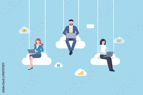 People working remotely on cloud shaped platforms illustrating digital connectivity