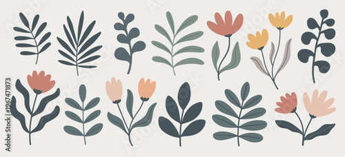 Collection of abstract botanical in muted colors floral