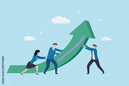 Teamwork propelling upward growth with a large green arrow illustration