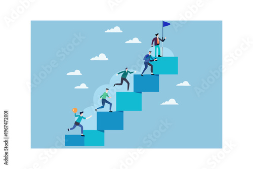 People climbing a series of blue blocks towards a flag on top