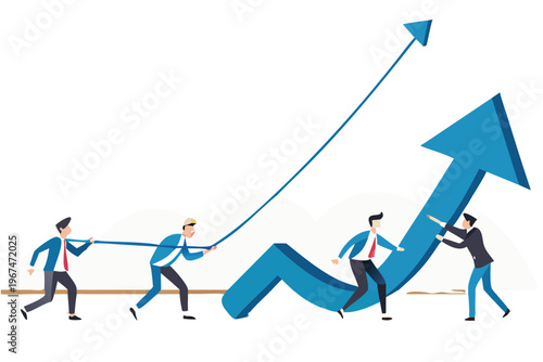 Teamwork propelling a growing arrow upwards symbolizing success and progress