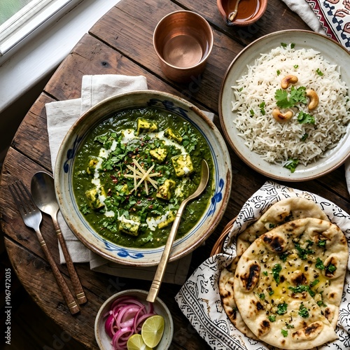 Delicious Indian Palak Paneer with Basmati Rice and Naan Bread on Wooden Table