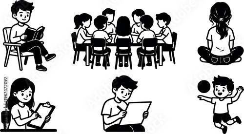 Children reading writing playing and group learning activities