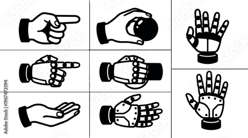 Black and white flat design hands gestures and robot hand icons