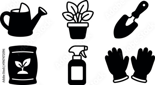 Black and white gardening tools watering can plant pot gloves and spray bottle vector art