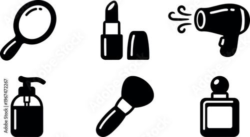 Black and white makeup set with lipstick mirror brush and hair dryer icons