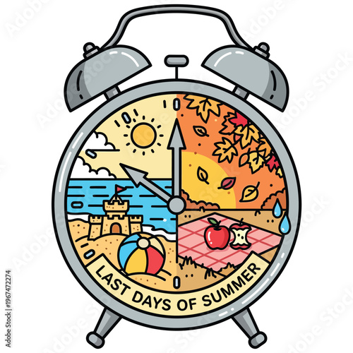 Vintage alarm clock with summer scene illustration with summer vacation with sunny day with time off