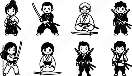 Samurai characters holding swords in various poses