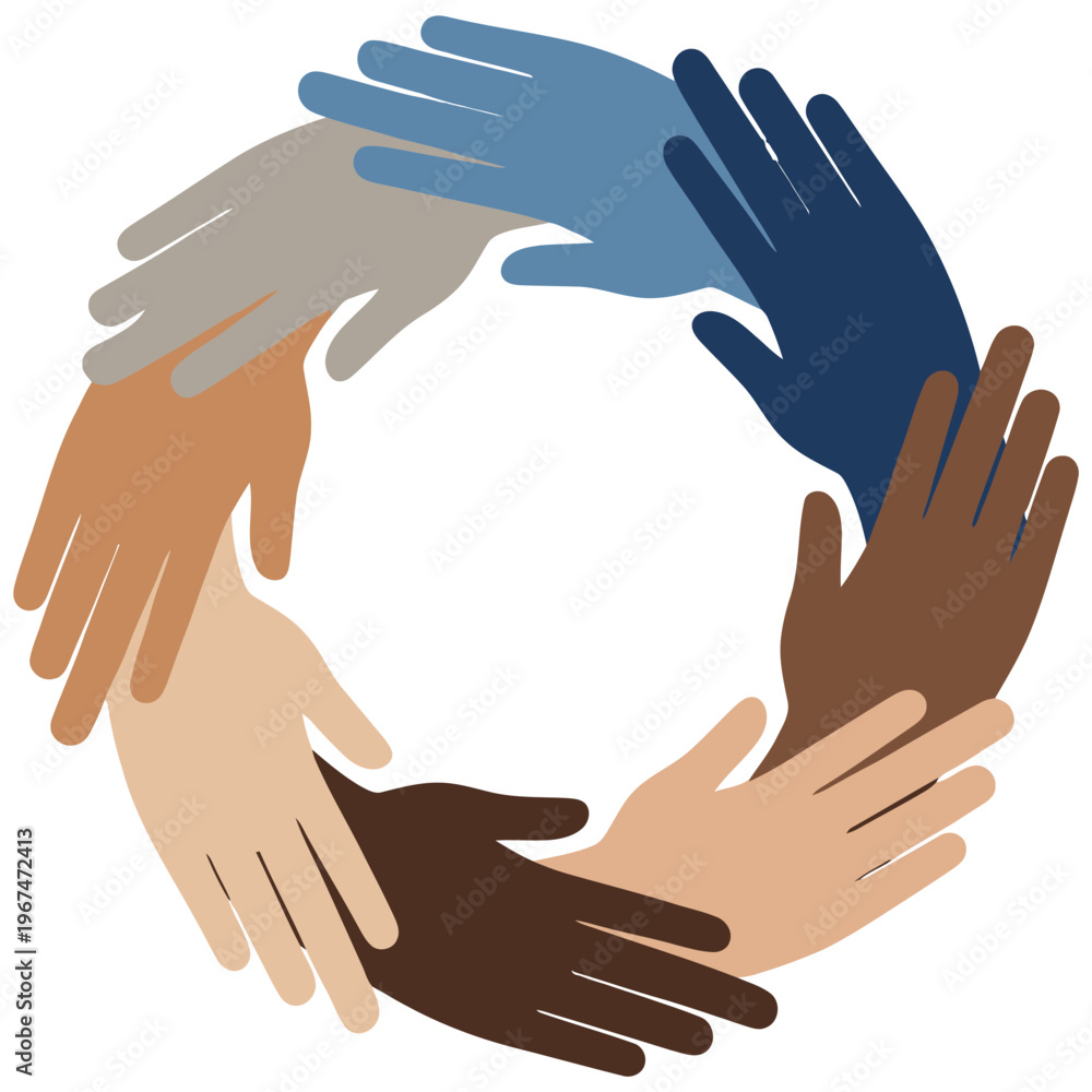 Fototapeta premium Diverse hands forming a circle together with unity in diversity with hand clasp with hand hold