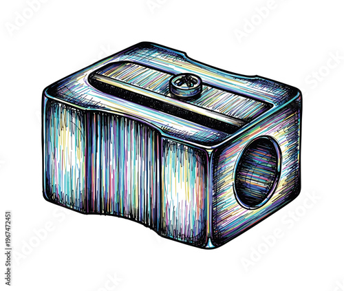 Classic metal pencil sharpener with colorful hatching illustration