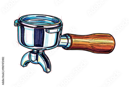 Close-up sketch of a stainless steel espresso portafilter with a wooden handle