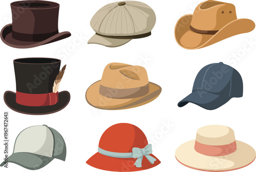Collection of diverse hats including top hats fedoras baseball caps and stylish women's hats for various occasions.