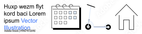 Transportation, urban lifestyle, scheduling, travel planning, modern commuting, housing. Clean icons of a calendar, a scooter and a house. Transport and urban lifestyle concept