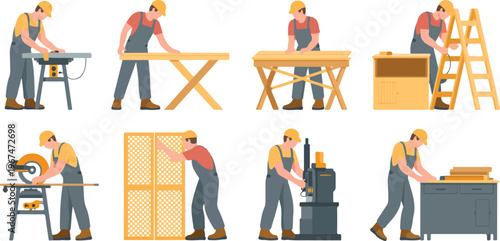 Carpenters working with wood and tools various construction tasks and building furniture and equipment in workshop scenes.