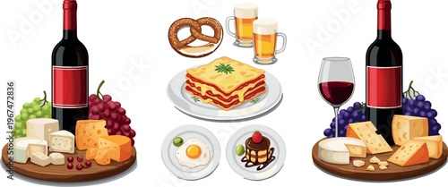 Set of Food and Drink Illustrations Including Wine, Cheese, Grapes, Beer, Pretzel, Lasagna, Eggs, and Chocolate for Dining, Restaurant, and Culinary Designs