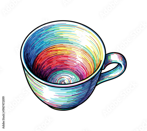 Abstract colorful teacup illustration with swirling lines and a white background