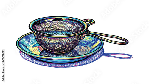 Colorful hand-drawn tea strainer with a saucer on a white background