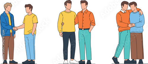Set of Male Character Illustrations in Casual and Couple Outfits with Yellow, Blue, Orange, and Green Clothing for Fashion, Lifestyle, and Friendship Designs