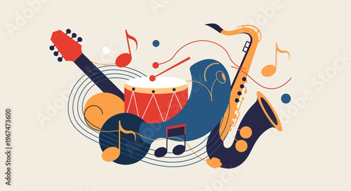 A colorful illustration of musical instruments and notes.