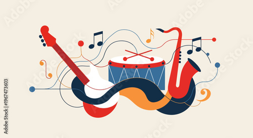 Vibrant music instruments and notes composition.
