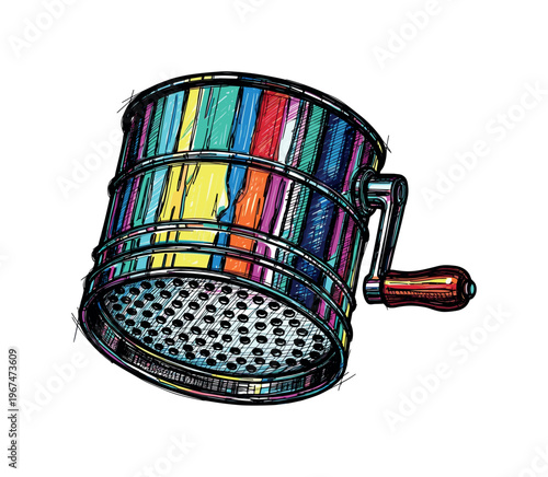 Colorful hand-drawn flour sifter with crank and perforated bottom