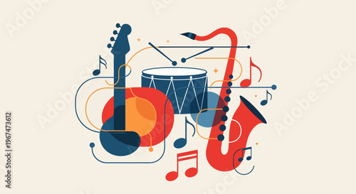 A colorful illustration of musical instruments and notes.