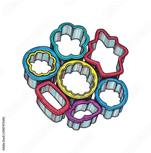 Assortment of colorful cookie cutters in various shapes and sizes for baking fun