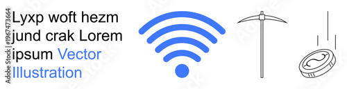 Wireless communication, cryptocurrency mining, blockchain, digital finance, technological advancements, data transfer. wireless signal, pickaxe and a falling coin symbol. Wireless communication