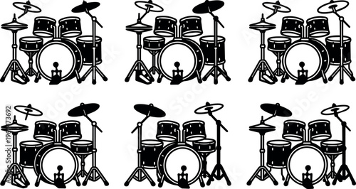 Black and white drum set line art vector six variations