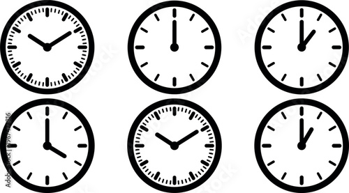 Black and white round clock faces showing different times vector art