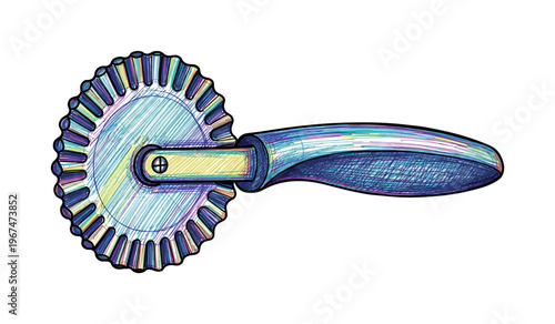 Fluted pastry wheel cutter with a colorful striped handle on white background