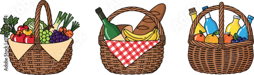Set of Three Wicker Baskets Filled with Fresh Fruits, Vegetables, Drinks, and Breads for Picnic, Grocery, and Food Storage Designs