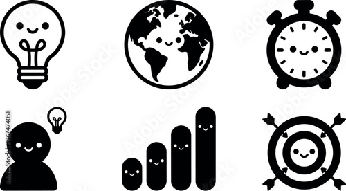 Smiling lightbulb earth clock user bar chart target icons black and white vector art