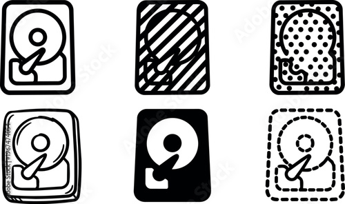 Six black and white hard drive icons with different line styles