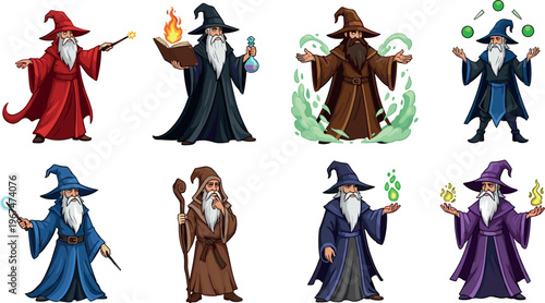 Set of Wizard Illustrations with Fire, Potion, Magic Spells, and Staff in Colorful Robes for Fantasy, Sorcery, and Magic Designs