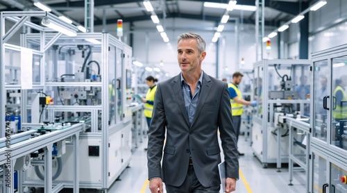 Confident male factory manager with tablet walking through modern manufacturing plant. Industrial executive inspecting automated production line