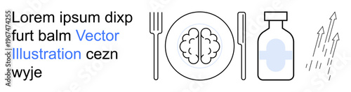Brain health, nutrition, wellness, medicine, healthcare, mental performance. Image shows a plate with a brain, fork knife medicine bottle and arrow symbols. Brain health and nutrition emphasis