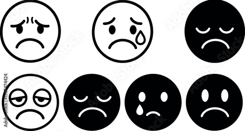 Sad face emoticons set with tears and frowning expressions black and white vector art