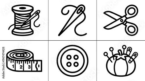Black and white line art sewing accessories spool needle scissors tape measure button pincushion