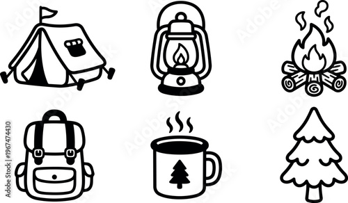 Camping gear tent lantern campfire backpack pine tree mug with tree symbol black line art