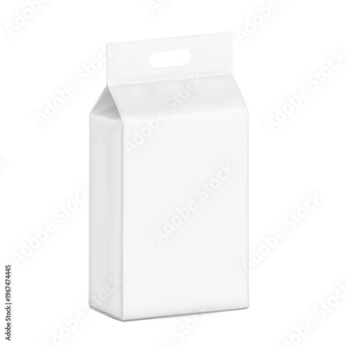 Realistic stand bag with hole handle mockup. Half side view. Vector illustration isolated on white background. Suite for the presentation of diapers, wet wipes, pants changing mats. EPS10.